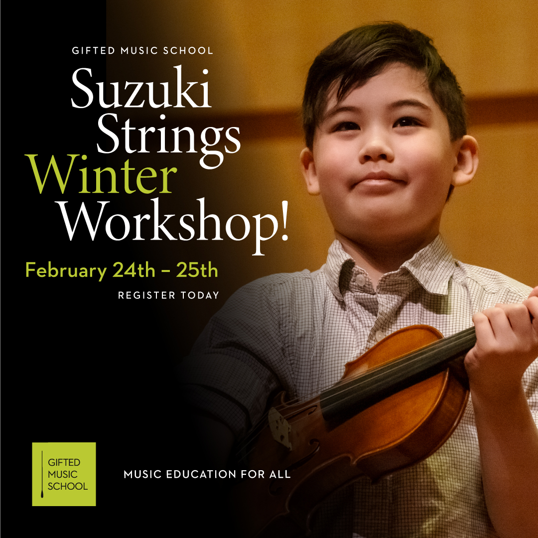 Suzuki Winter Workshop Advertisement with boy holding violin on stage